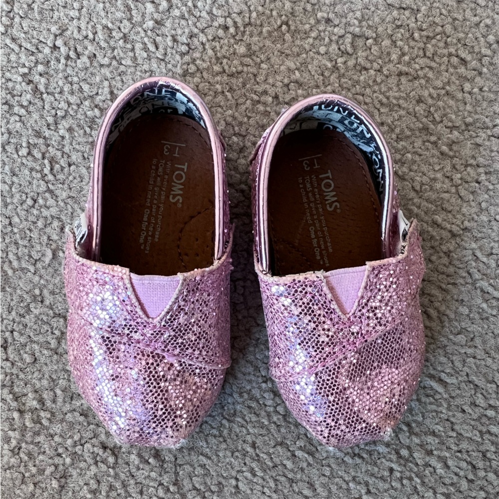 TOMS Infant Pink Glitter Slip Ons size 3